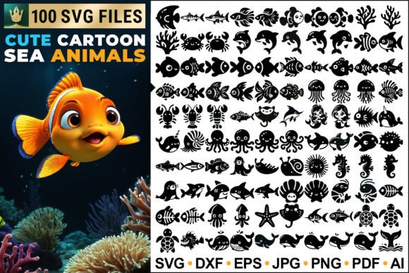Download 100 Cute Cartoon Sea Animals SVG Designs - Cute Collection