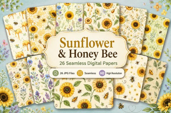 Download Sunflower &amp; Honey Bee Digital Paper Set - Set Collection
