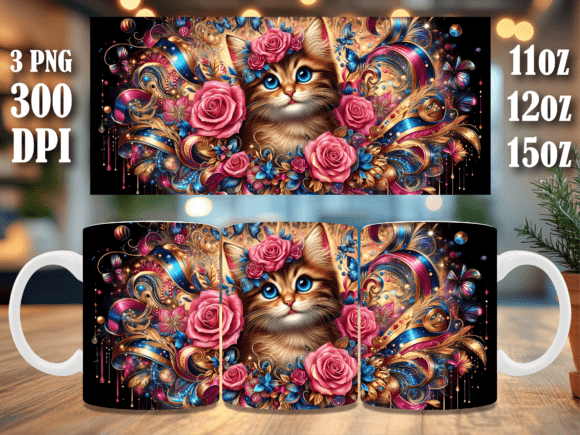 Download Floral Pink Rose Kitten Mug Wrap Design - Ink Collection