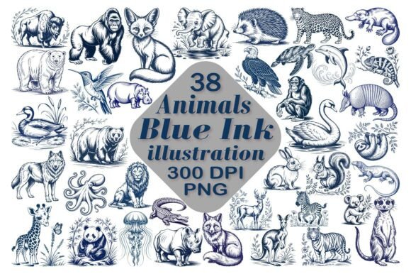Download Animals Blue Ink Illustrations PNG - Ink Collection