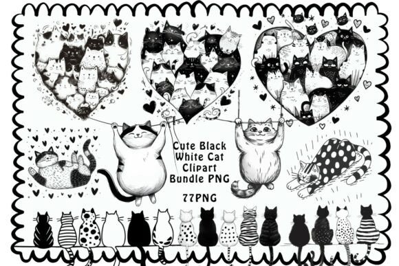 Download Cute Black White Cat Clipart Bundle PNG - Cute Collection
