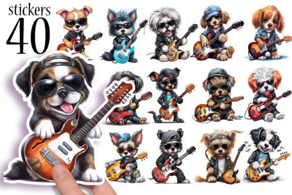 Download Cute Dogs Playing Guitar Music Stickers - Cute Collection